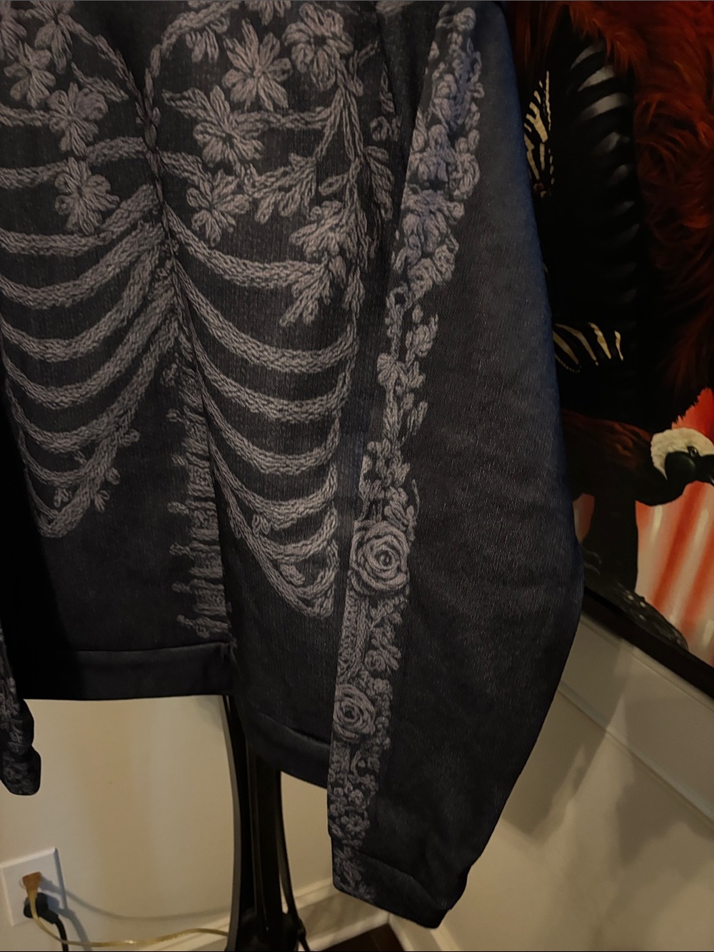 Halloween Black Hoodie with Gray Floral Skeleton Print - Halloween store (M) - Picture 4 of 8
